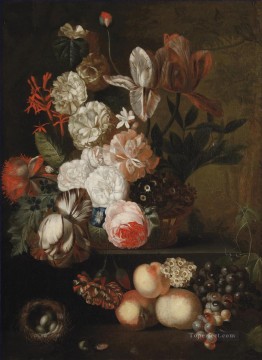 Rosas, tulipanes, violetas y otras flores en una cesta de mimbre sobre una cornisa de piedra con uvas, melocotones y un nido con huevos Jan van Huysum Pinturas al óleo